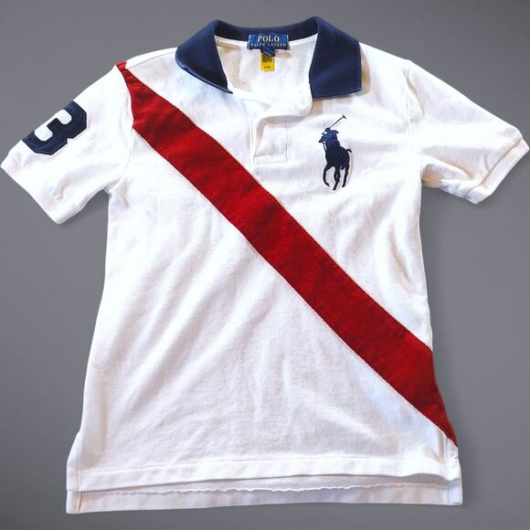 Ralph Lauren Boys Big Pony Cotton Mesh Polo Shirt Red Sash 3 White Navy Preppy - Picture 1 of 8